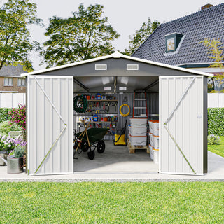 10x14 Ft Outdoor Metal Storage Shed with 3 Lockable Doors, 4 Air Vents & Sloped Roof, Heavy-Duty Garden Tool Shed for Backyard, Patio & Lawn