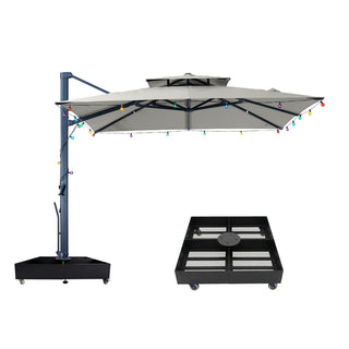10 FT Square Aluminum Cantilever Patio Umbrella with Hook – Offset Outdoor Umbrella in Navy Blue/Tan/Gray for Patio & Garden
