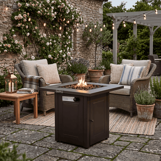 50,000 BTU Outdoor Propane Fire Pit Table, ETL Certified Gas Fire Pit with Side Door, Wood-Look Tabletop & X-Shaped Base