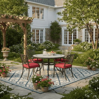 5-Piece Outdoor Dining Set - Round Gray Tile Table & Cast Aluminum Cushioned Chairs