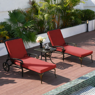Cast Aluminum Outdoor Chaise Lounge with Removable Beige/Red Cushion