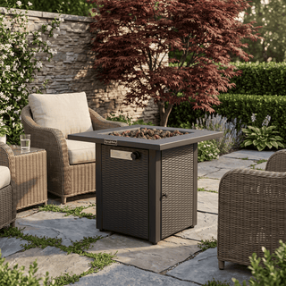 50,000 BTU Outdoor Propane Fire Pit Table, ETL Certified Gas Fire Pit with Side Door, Wood-Look Tabletop & X-Shaped Base