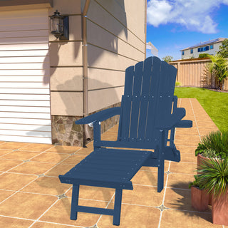 Navy Blue & Black Folding Plastic Adirondack Chair with Pull-Out Ottoman & Cup Holder for Outdoor Patio