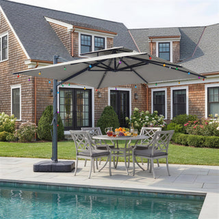 10 FT Square Aluminum Cantilever Patio Umbrella with Hook – Offset Outdoor Umbrella in Navy Blue/Tan/Gray for Patio & Garden