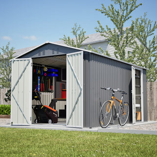 8x12 FT Outdoor Metal Storage Shed with 2 Lockable Doors, Large Garden Tool Shed with Additional Side Door & Aluminum Frame for Backyard, Patio & Garden