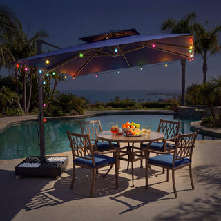 10 FT Square Aluminum Cantilever Patio Umbrella with Hook – Offset Outdoor Umbrella in Navy Blue/Tan/Gray for Patio & Garden