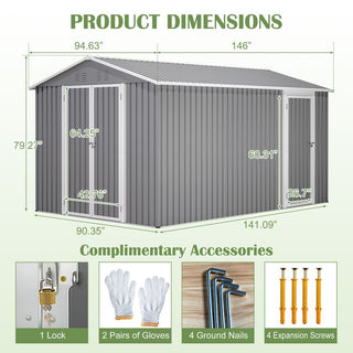 8x12 FT Outdoor Metal Storage Shed with 2 Lockable Doors, Large Garden Tool Shed with Additional Side Door & Aluminum Frame for Backyard, Patio & Garden
