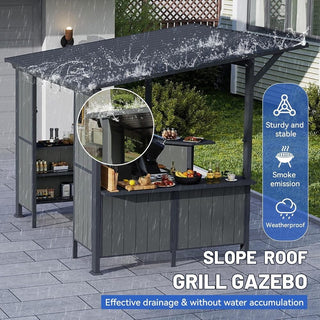 9x10FT Grill Gazebo Hardtop, Metal BBQ Gazebo with Storage Shelves and Expansion Platform, Heavy Duty Grill Canopy with Sloped Roof for Patio
