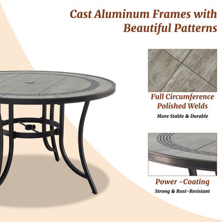 48" Round Cast Aluminum Outdoor Dining Table with Ceramic Tile Top & Umbrella Hole – Classic Patio Table for Garden & Porch