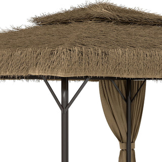10FT×12FT Outdoor Patio Gazebo - Hawaiian Style Thatch Roof, Double Canopy, Aluminum Frame with Mosquito Net & Privacy Curtain
