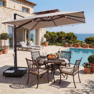 10 FT Square Aluminum Cantilever Patio Umbrella with Hook – Offset Outdoor Umbrella in Navy Blue/Tan/Gray for Patio & Garden