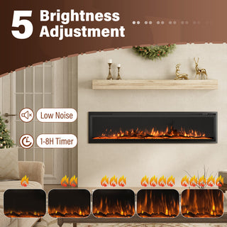 50/60/72-Inch Wall-Mounted & Recessed Electric Fireplace with Overheat Protection, Black
