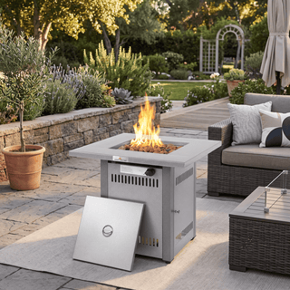 50,000 BTU Outdoor Propane Fire Pit Table, ETL Certified Gas Fire Pit with Side Door, Wood-Look Tabletop & X-Shaped Base
