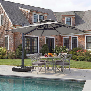 10 FT Square Aluminum Cantilever Patio Umbrella with Hook – Offset Outdoor Umbrella in Navy Blue/Tan/Gray for Patio & Garden