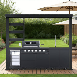 110-Inch 4-Burner 72000 BTU Outdoor Kitchen Island Grill | Stainless Steel BBQ with Wine Cooler, Rotisserie, Granite Countertop & Storage