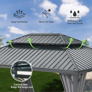 Hardtop Gazebo with Galvanized Steel Double Roof, Metal Gazebos with Drainage System Patio Pergola for Patio Deck Backyard,Curtain and Netting