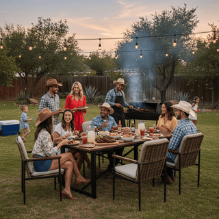 7-Piece Outdoor Patio Dining Set with Wooden Table & Umbrella Hole | 6 Wicker Chairs with Aluminum Frame & Olefin Cushions