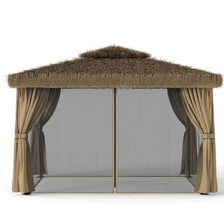 10FT×12FT Outdoor Patio Gazebo - Hawaiian Style Thatch Roof, Double Canopy, Aluminum Frame with Mosquito Net & Privacy Curtain