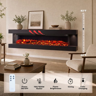 50"/60"/72" Wall-Mounted Electric Fireplace with Suspended LED Lighting, Modern Indoor Fireplace for Living Room