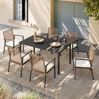 7-Piece Outdoor Patio Dining Set with 6 Cushioned Chairs and Slatted Metal Table with Umbrella Hole for Backyard, Garden & Poolside