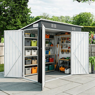 4x8 FT Galvanized Steel Storage Shed with 3 Access Doors & Vents for Garden, Bikes & Patio Equipment