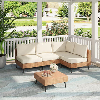 5 Pieces All-Weather PE Wicker Outdoor Sectional Sofa Set, Rattan Patio Conversation Set with Thick Cushions and Coffee Table