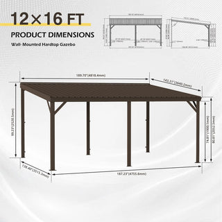 Wall-Mounted Hardtop Lean-to Gazebo with Gutters – Galvanized Steel Roof Outdoor Pergola Canopy