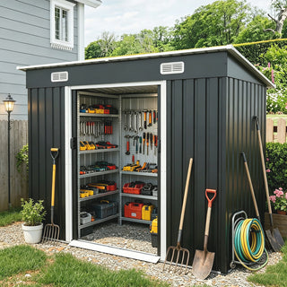 8 x 4 FT Outdoor Metal Storage Shed, Galvanized Steel Shed with Sliding Door, Lockable Design, Air Vents & Threshold for Garden Tools