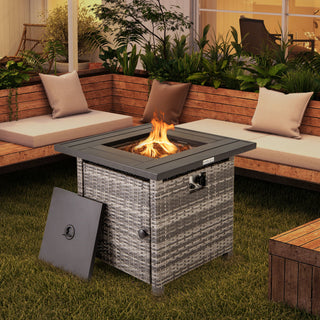 29 Inch Propane Rattan Firepit Table with Lava Rocks and Protective Cover