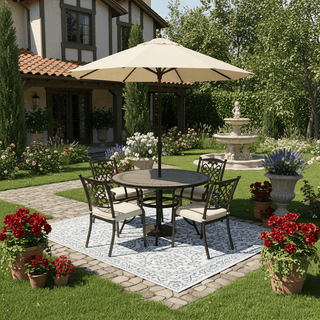 5-Piece Weatherproof Outdoor Furniture Set, Gray Tile Table & Rust-Proof Cast Aluminum Cushioned Chairs