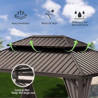 Hardtop Gazebo with Galvanized Steel Double Roof, Metal Gazebos with Drainage System Patio Pergola for Patio Deck Backyard,Curtain and Netting