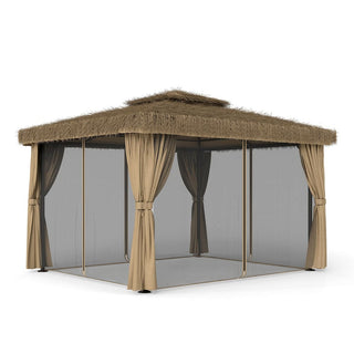 10FT×12FT Outdoor Patio Gazebo - Hawaiian Style Thatch Roof, Double Canopy, Aluminum Frame with Mosquito Net & Privacy Curtain