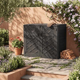 360 Gal. Outdoor Resin Storage Cabinet, Large Storage Shed with Floor, Double Doors, Lockable Lid & Soft-Close Hinges – Black