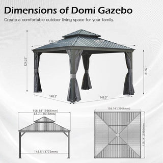 Hardtop Gazebo with Galvanized Steel Double Roof, Metal Gazebos with Drainage System Patio Pergola for Patio Deck Backyard,Curtain and Netting