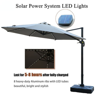 11ft Solar LED Cantilever Patio Umbrella with Base – Offset Outdoor Umbrella with Crank Lift (Grey)