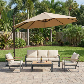 Outdoor 4 Pieces Furniture Sets Modern Iron Patio Conversation Sets Sofa w Grey Cushion Faux Wood Grain Frame