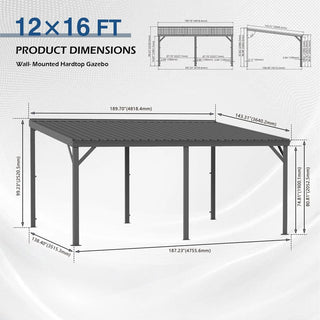 Wall-Mounted Hardtop Lean-to Gazebo with Gutters – Galvanized Steel Roof Outdoor Pergola Canopy