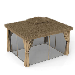 10FT×12FT Outdoor Patio Gazebo - Hawaiian Style Thatch Roof, Double Canopy, Aluminum Frame with Mosquito Net & Privacy Curtain