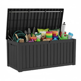 120-Gallon Resin Outdoor Deck Box with Lockable Lid, Patio Storage Bench for Cushions & Pillows – Black/Light Brown