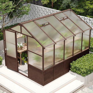 8x10 FT Wooden Walk-In Greenhouse Kit with 6mm Polycarbonate Panels, Adjustable Vent & Lockable Door