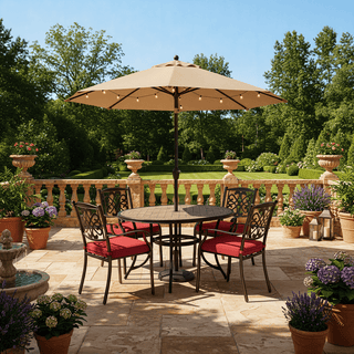 5-Piece Outdoor Cast Aluminum Dining Set with Tile-Top Round Table & Cushioned Chairs, Patio Furniture with Umbrella Hole