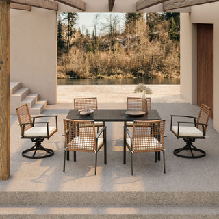 7-Piece Outdoor Patio Dining Set with 6 Wicker Chairs, 2 Swivel Rockers, Cushions & Slatted Table with Umbrella Hole for Backyard