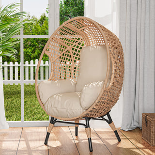 Outdoor Hanging Egg Chair with Stand, 400 lbs Capacity Patio Swing Chair, PE Rattan Wicker Lounge Chair with 8-Inch Thick Cushion,