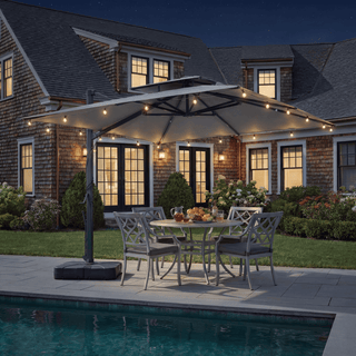 10 FT Square Aluminum Cantilever Patio Umbrella with Hook – Offset Outdoor Umbrella in Navy Blue/Tan/Gray for Patio & Garden