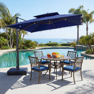 10 FT Square Aluminum Cantilever Patio Umbrella with Hook – Offset Outdoor Umbrella in Navy Blue/Tan/Gray for Patio & Garden