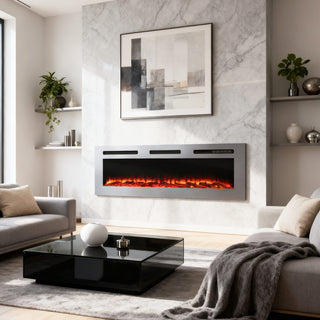 Premium 50/60 Inch Electric Wall-Mounted Fireplace Insert with Stainless Steel Surface & 12 Dynamic Flame Modes