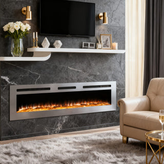 Premium 50/60 Inch Electric Wall-Mounted Fireplace Insert with Stainless Steel Surface & 12 Dynamic Flame Modes