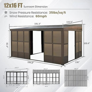 Wall-Mounted Sunroom Lean-To Solarium with Galvanized Steel Roof, Lockable Sliding Door & Detachable PVC Screen for Patio Deck