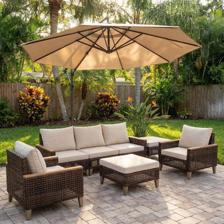 High footed hollowed out rattan terrace furniture set, 5 pieces, 7 seats, sofa set with cushion, 4-inch thick cushion