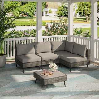 5 Pieces All-Weather PE Wicker Outdoor Sectional Sofa Set, Rattan Patio Conversation Set with Thick Cushions and Coffee Table